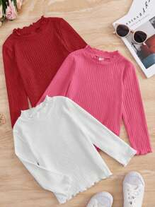 SHEIN Nhỏ bé Cô gái 3-gói Màu thuần Sọc Cổ giả Áo thun - Màu Hồng Tươi - Xem 1