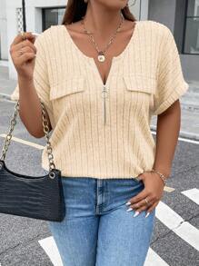 Calvaya Của phụ nữ Kích thước lớn Nửa Zip Áo thun - Màu be - Xem 4