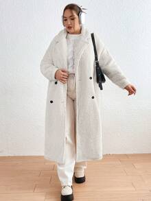 Flirla 加大號翻領雙排扣泰迪外套 - 杏色 - 查看 3