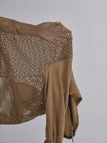 SHEIN EZwear Áo nỉ dáng rộng vai rớt có dây rút - Màu Khaki - Xem 6