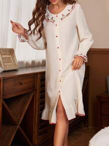 Women's Embroidered Lace Sleeve Pajama Night Dress - Apricot - View 3