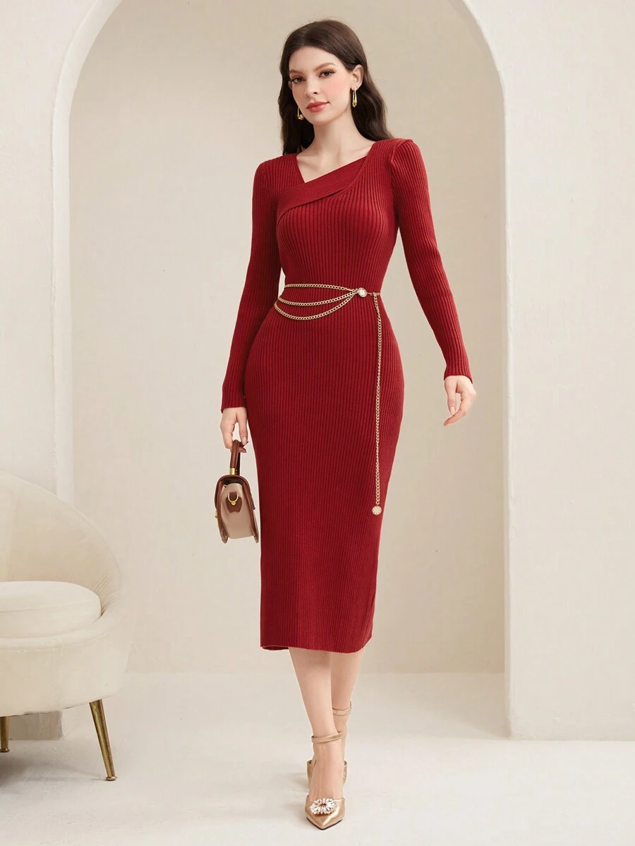 Modelyn 紧身不对称领口连衣裙（不含腰带） - 紅色 - 查看 1