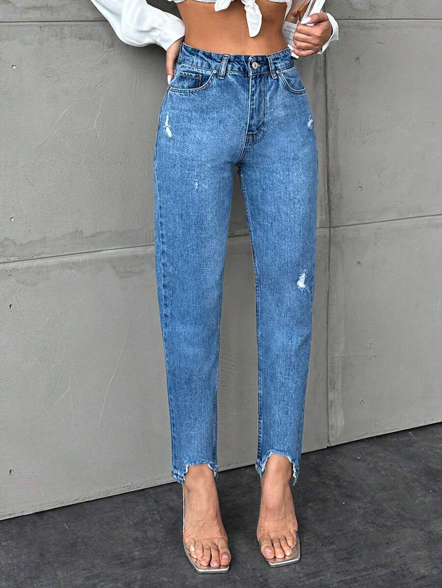 EURMUSE Straight High Waist Denim Pants - Medium Wash - View 1