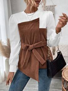 SHEIN Clasi Women'S Puff Sleeve Patchwork Fabric Shirt - Multicolor - View 3