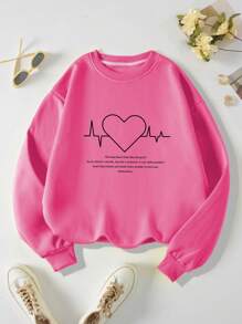 SHEIN EZwear Áo nỉ lót nhiệt cỡ lớn in logo hình trái tim - Hồng - Xem 1