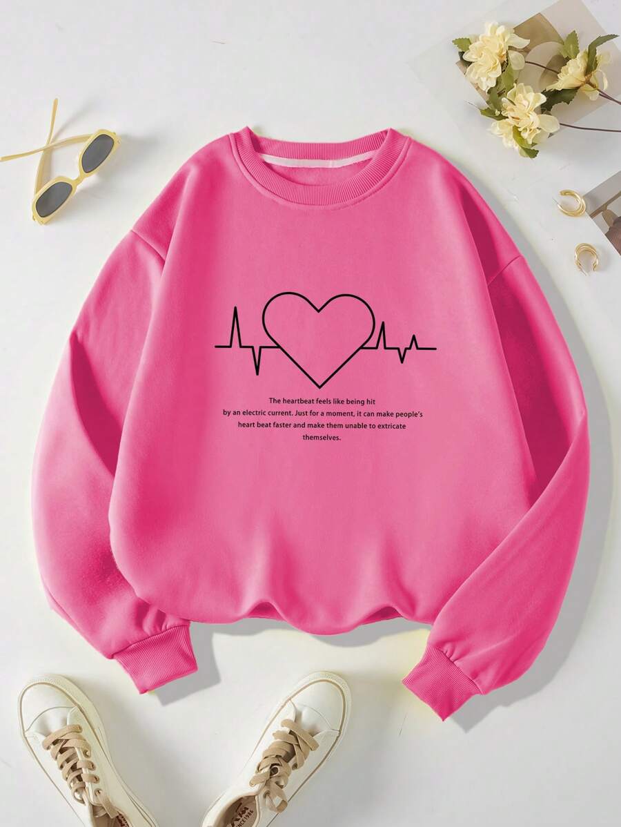 SHEIN EZwear Áo nỉ lót nhiệt cỡ lớn in logo hình trái tim - Hồng - Xem 1