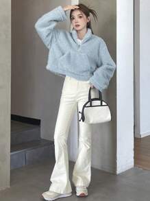 Dazy Star 女款半拉鍊落肩運動衫 - 藍色 - 查看 5