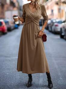 SHEIN Clasi Women's Wrap Cross Long Sleeve Dress - Coffee Brown - View 5