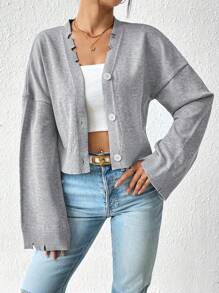 SHEIN LUNE Gray Distressed Edge Knit Cardigan - Grey - View 3