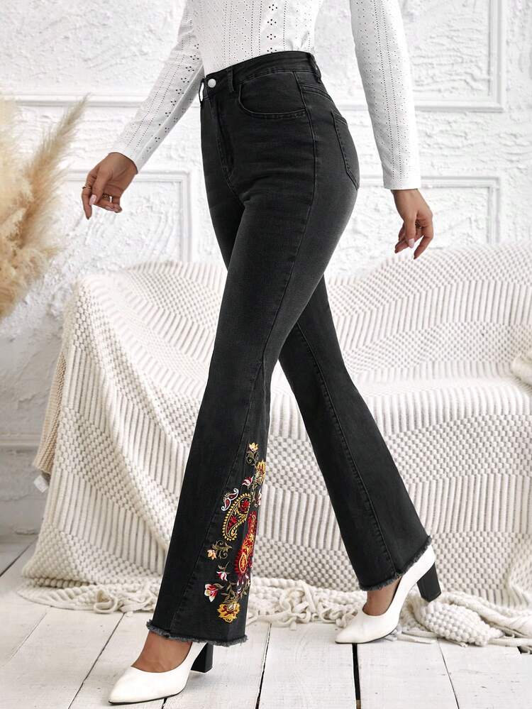 Women'S High Elasticity Retro Embroidered Jeans, Black, Perfect For Festivals