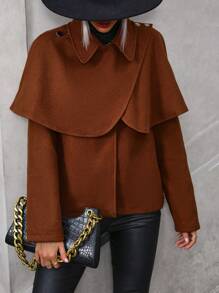 SHEIN LUNE 女性毛呢外套,釦子細節設計,帶斗蓬領 - 棕色 - 查看 7