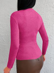 Women's Pink Slim Fit Pullover Sweater - Hot Pink - View 2