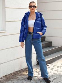 EURMUSE Chaqueta Acolchada Corta Con Capucha Y Cremallera De Color Liso Para Mujer - Agua verde azul - Ver 3
