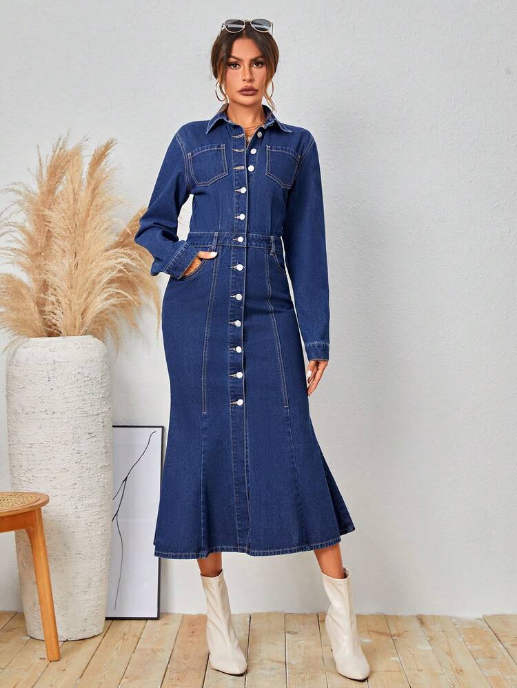 Button Front Pockets Denim Dress With Mermaid Hem Fall Cloth For Women