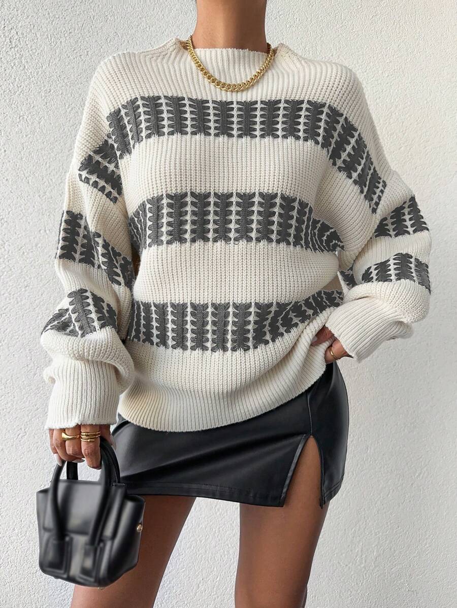 EURMUSE Women's Color Block Drop Shoulder Sweater - Grey - View 1