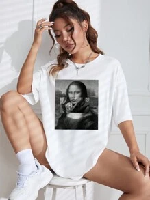 SHEIN EZwear 優化圖案落肩設計超大t卹 - 白色 - 查看 4