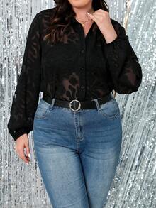 SHEIN Clasi 大尺碼燈籠袖提花網紗襯衫