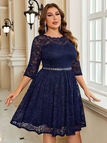 大码女式蕾丝亮片拼接腰部A字半正式派对裙 - 藏蓝色 - 查看 3