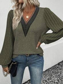 SHEIN LUNE Ren Tay áo dài Áo thun - xanh quân đội - Xem 5