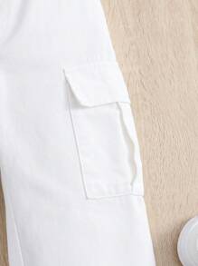 SHEIN Vintaside Kids Young Girl Streetwear, Sweet & Cool Wide Leg Utility Jeans With Large Pockets - White - View 5