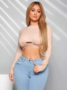 SHEIN SXY 女款性感中空交叉肩帶卡其長袖t恤