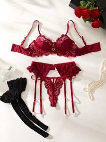 SHEIN Conjunto De Lencería Sexy De Encaje Para Mujer: Sujetador Y Bragas - Burdeos - Ver 1