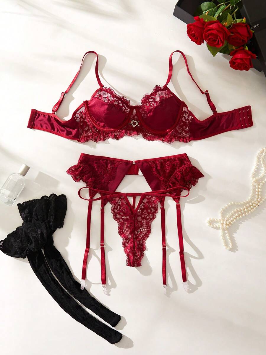 SHEIN Conjunto De Lencería Sexy De Encaje Para Mujer: Sujetador Y Bragas - Burdeos - Ver 1