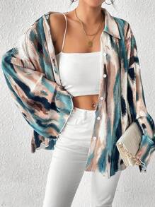 SHEIN Unity 女士春夏时尚假日办公室通勤扎染喇叭袖褶皱衬衫（不含腰带）、长袖衬衫 - 彩色 - 查看 6