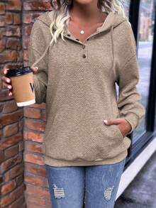 SHEIN LUNE 女式落肩抽繩連帽運動衫 - 卡其色 - 查看 5