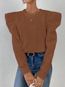 SHEIN Essnce 女士羊肚袖圓領運動衫 - 咖啡棕 - 查看 3