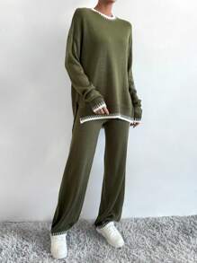 SHEIN LUNE Jersey ribete en contraste de hombros caídos con pantalones tejidos - Verde - Ver 6