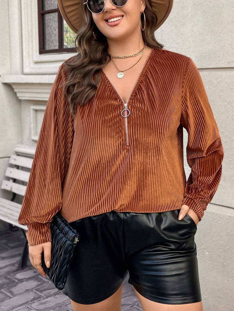 SHEIN LUNE Plus Size Corduroy Round Neck Zipper Design Long-sleeved Shirt - Brown - View 1