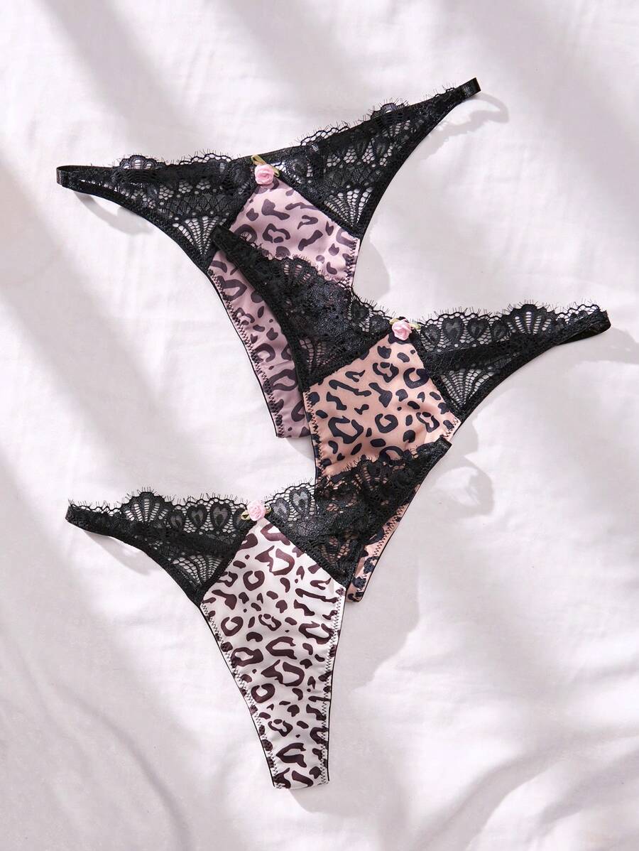 3入組女士豹紋黑色蕾絲丁字褲 - 彩色 - 查看 1