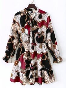 SHEIN Clasi Plus-size Chain & Geometric Printed Tie-neck Ruffle Hem Dress - Multicolor - View 1