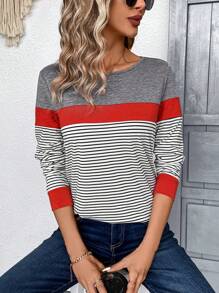 SHEIN LUNE Women's Horizontal Stripe Long Sleeve Round Neck T-shirt - Multicolor - View 1