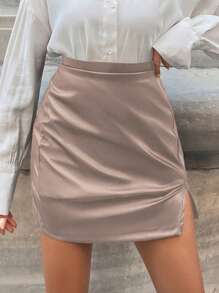 EURMUSE Solid Color Side Zipper Slim Fit Skirt - Apricot - View 3