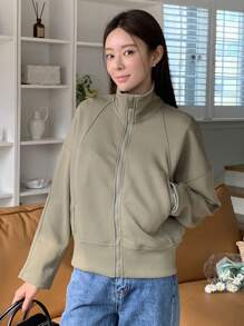 DAZY 女式拉鍊前立領插肩袖夾克 - 綠色 - 查看 4