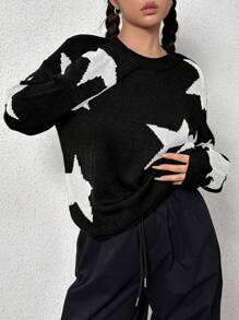 SHEIN Unity Hình sao Vòng cổ Áo chui đầu Áo len - màu đen - Xem 3