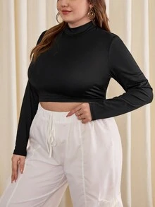 SHEIN Essnce Của phụ nữ Kích thước lớn Đứng cổ áo Quần skinny Áo thun - màu đen - Xem 5