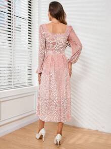GENKIRA Vestido De Manga Comprida Com Mangas Lanternas De Gola Quadrada De Jacquard Com Estampa De Leopardo - Rosa Bebê - Visão 2