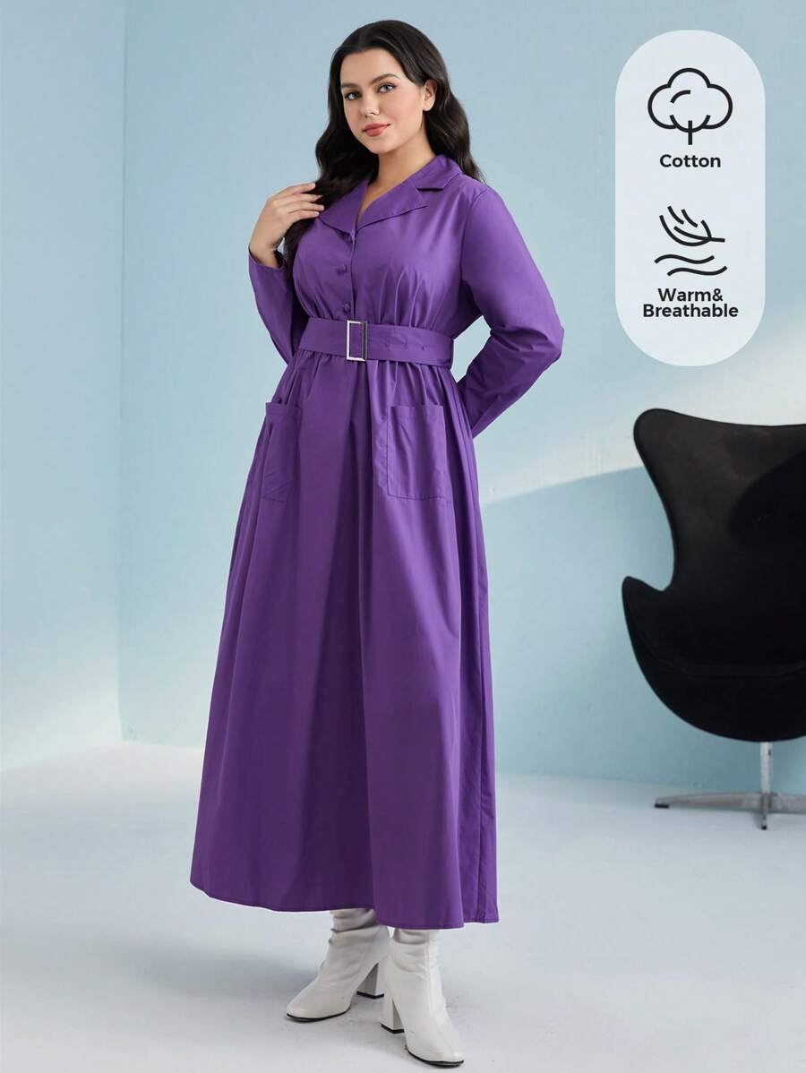Seusyu Plus Lapel Neck Belted Dress - Purple - View 1