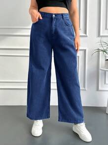 RueChic Plus High Waist Wide Leg Jeans - Blue - View 4