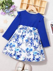 SHEIN 小女孩彩塊花卉印花連身裙 - 藍白色 - 查看 2