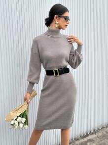 SHEIN Privé 女士高領束腰針織連衣裙 - 卡其色 - 查看 4