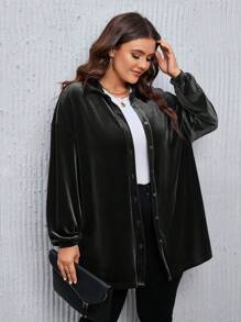 SHEIN LUNE 大码秋季女式圣诞纹理面料迷你格子法兰绒娃娃风格衬衫上衣宽松休闲衬衫上衣带袖衬衫，适合冬季 - 黑色 - 查看 4