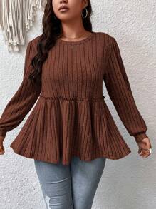 Flirla Talla grande Camiseta unicolor ribete fruncido peplum - Café integral - Ver 6