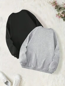 SHEIN EZwear Women's Solid Color Round Neck Fleece Sweatshirt - Multicolor - View 2