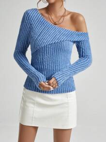 SHEIN Essnce 女修身斜領 T 卹 - 藍色 - 查看 3