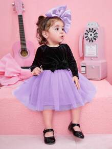 SHEIN Baby Girl Princess Velvet Spliced Mesh Round Neck Long Sleeve Belt Dress - Multicolor - View 5