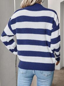 EMERY ROSE Women'S Striped Contrasting Drop Shoulder Sweater - Blue and White - View 2